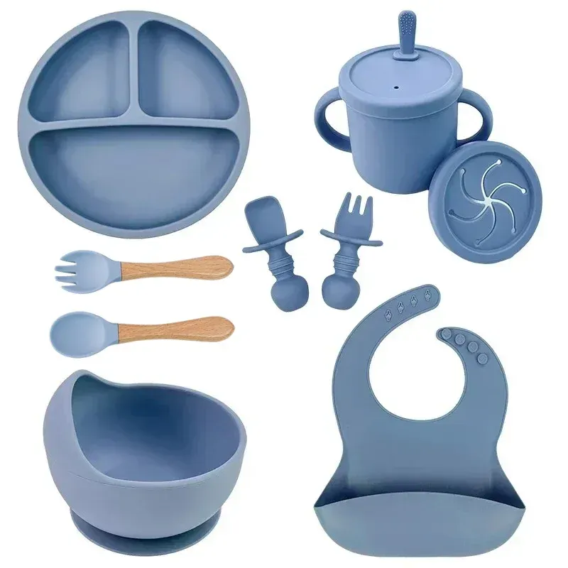 Ensemble de vaisselle en silicone de qualité alimentaire pour enfants, comprenant bol d'alimentation pour bébé, assiette à ventouse, tasse à paille, cuillère et fourchette en bois, vaisselle pour tout-petits 16