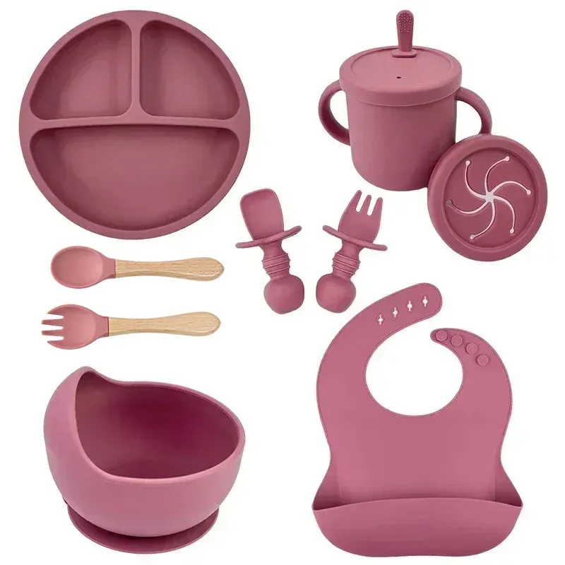 Ensemble de vaisselle en silicone de qualité alimentaire pour enfants, comprenant bol d'alimentation pour bébé, assiette à ventouse, tasse à paille, cuillère et fourchette en bois, vaisselle pour tout-petits 18