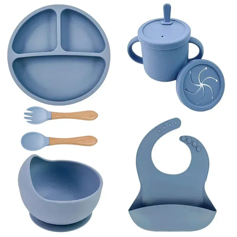 Ensemble de vaisselle en silicone de qualité alimentaire pour enfants, comprenant bol d'alimentation pour bébé, assiette à ventouse, tasse à paille, cuillère et fourchette en bois, vaisselle pour tout-petits 8