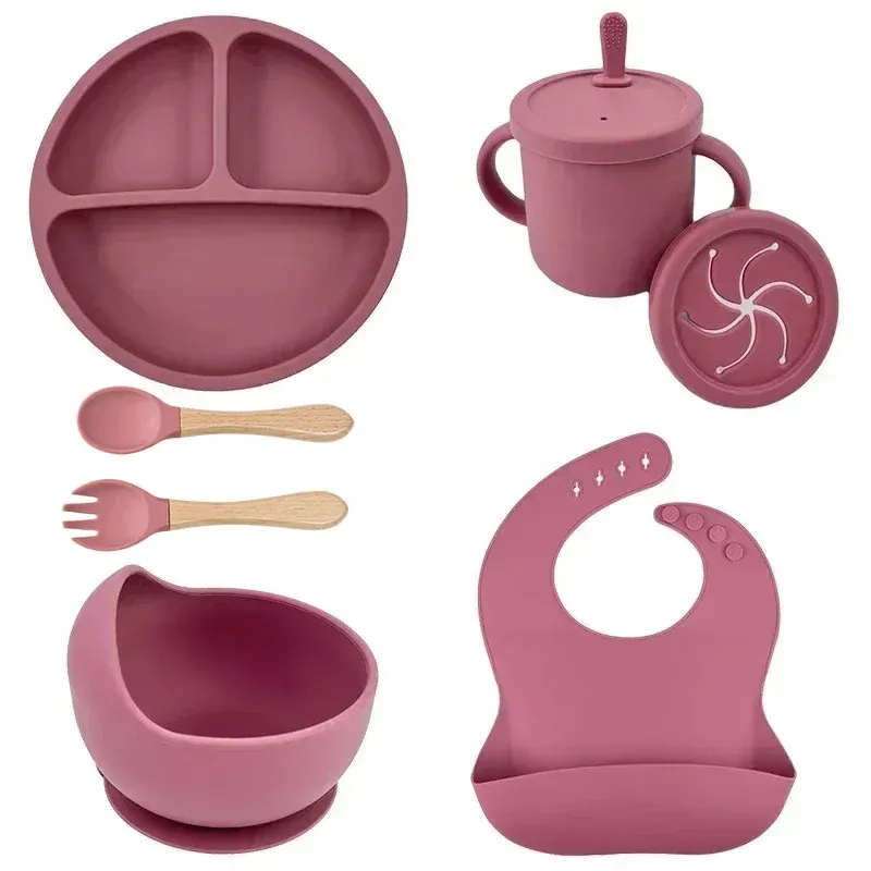 Ensemble de vaisselle en silicone de qualité alimentaire pour enfants, comprenant bol d'alimentation pour bébé, assiette à ventouse, tasse à paille, cuillère et fourchette en bois, vaisselle pour tout-petits 10