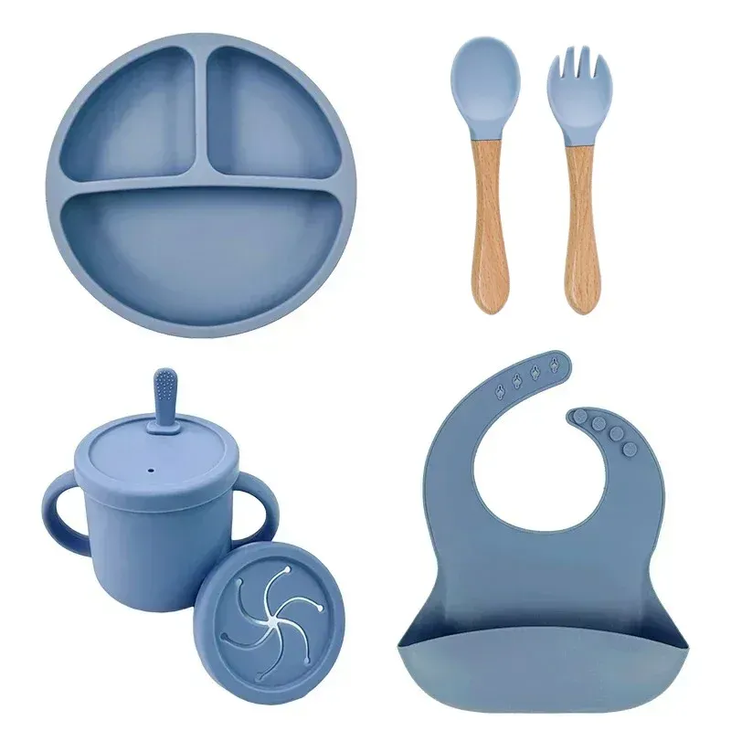 Ensemble de vaisselle en silicone de qualité alimentaire pour enfants, comprenant bol d'alimentation pour bébé, assiette à ventouse, tasse à paille, cuillère et fourchette en bois, vaisselle pour tout-petits 12