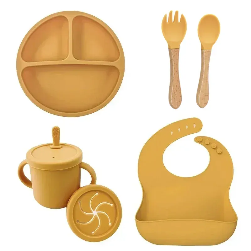Ensemble de vaisselle en silicone de qualité alimentaire pour enfants, comprenant bol d'alimentation pour bébé, assiette à ventouse, tasse à paille, cuillère et fourchette en bois, vaisselle pour tout-petits 13