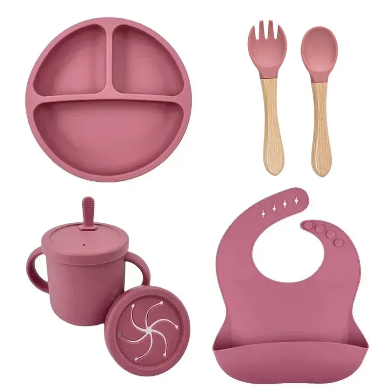 Ensemble de vaisselle en silicone de qualité alimentaire pour enfants, comprenant bol d'alimentation pour bébé, assiette à ventouse, tasse à paille, cuillère et fourchette en bois, vaisselle pour tout-petits 14