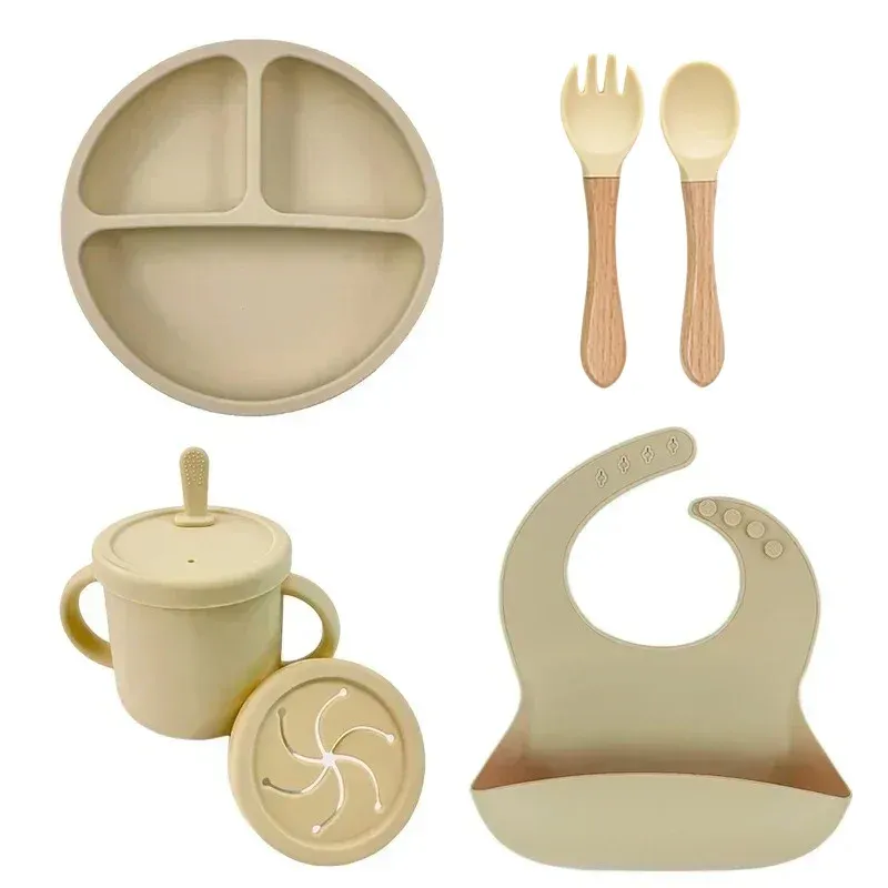 Ensemble de vaisselle en silicone de qualité alimentaire pour enfants, comprenant bol d'alimentation pour bébé, assiette à ventouse, tasse à paille, cuillère et fourchette en bois, vaisselle pour tout-petits 15