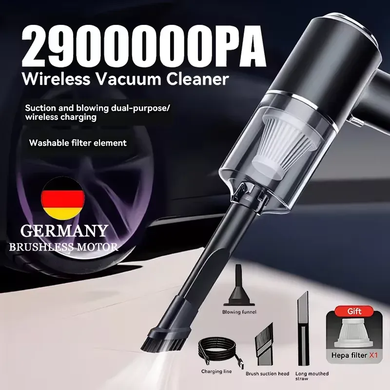 Aspirateur de voiture sans fil 2900000PA, rechargeable par USB, 1200 mAh, nettoyeur à usage sec et humide, aspirateur portatif sans fil haute puissance 2026 2