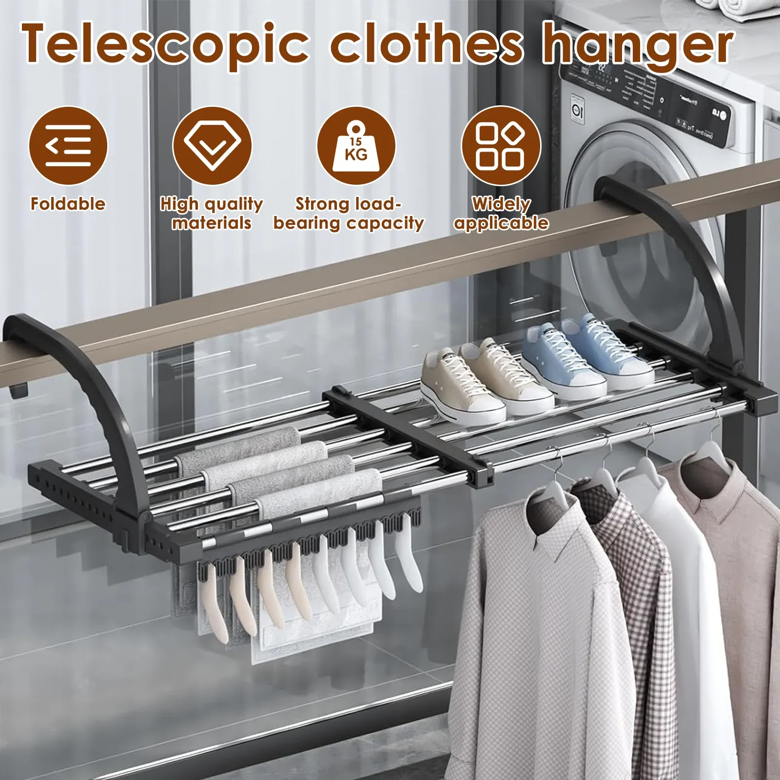 Support de séchage pliable pour radiateur en acier inoxydable, extensible de 42 à 72 cm, pour vêtements, chaussures et serviettes, idéal pour balcon 2