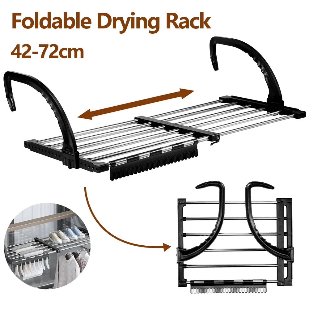 Support de séchage pliable pour radiateur en acier inoxydable, extensible de 42 à 72 cm, pour vêtements, chaussures et serviettes, idéal pour balcon - Image 1