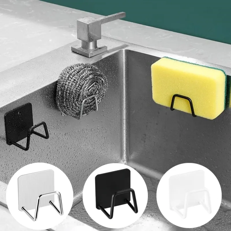 Porte-éponges de cuisine en acier inoxydable avec égouttoir auto-adhésif