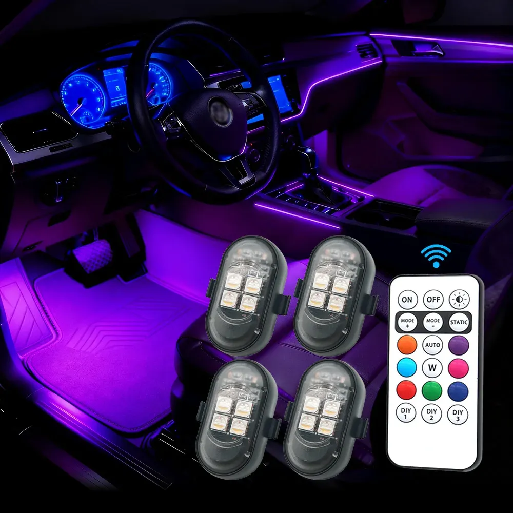 Kit d'éclairage d'ambiance LED RGB rechargeable avec télécommande pour voiture et moto