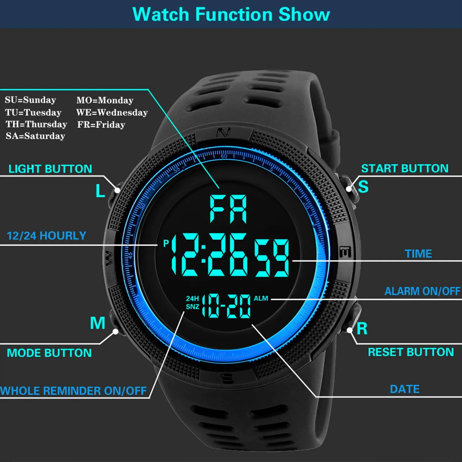 Montre de sport numérique pour homme, étanche, lumineuse, avec chronomètre et alarme, style militaire pour la course à pied, l'escalade et la pêche 2