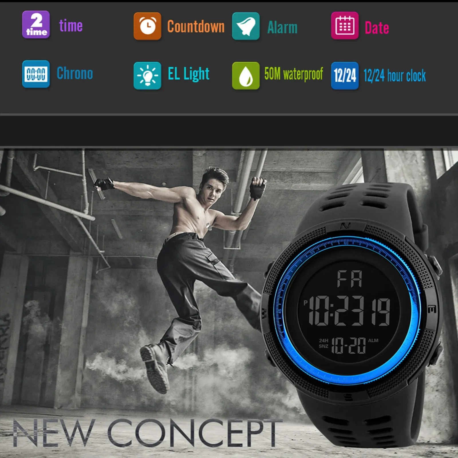 Montre de sport numérique pour homme, finitions
