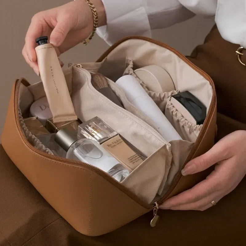 Trousse de maquillage de voyage à double fermeture éclair, grande capacité, avec poignée 3