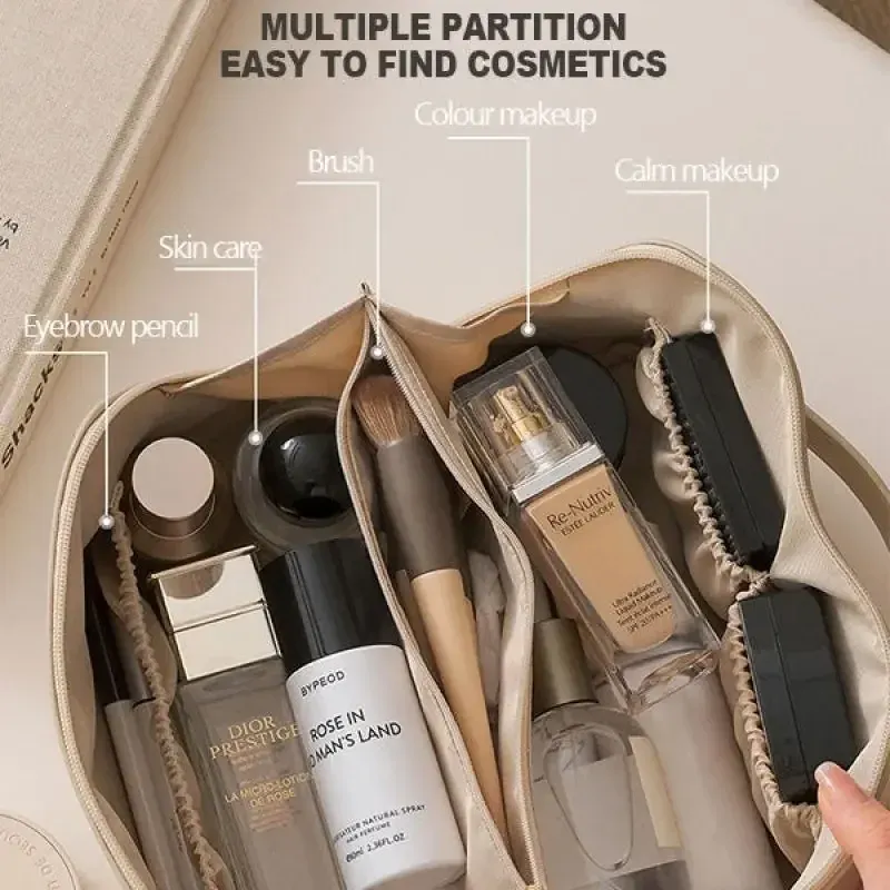 Trousse de maquillage de voyage à double fermeture éclair, grande capacité, avec poignée 5