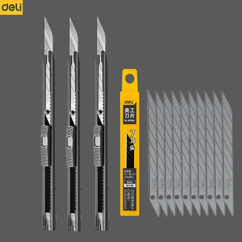 Couteau utilitaire Deli 9 mm noir, lame à 30 degrés en acier au carbone, lames SK5 à casse segmentée, verrouillage automatique, idéal pour le bureau et la maison - Image 1