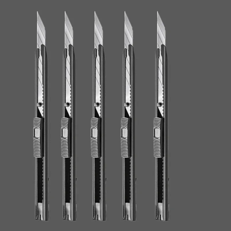Couteau utilitaire Deli 9 mm noir, lame à 30 degrés en acier au carbone, lames SK5 à casse segmentée, verrouillage automatique, idéal pour le bureau et la maison 13