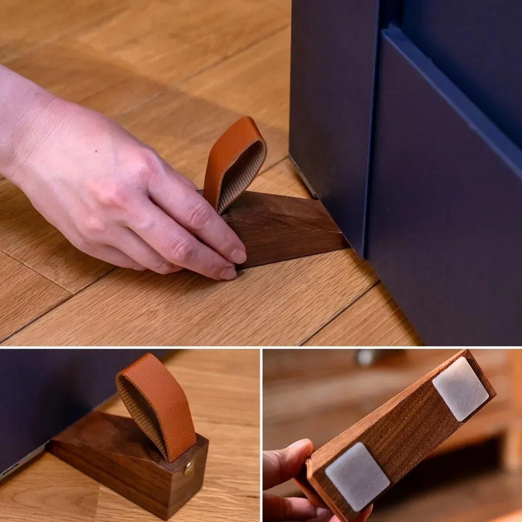 Butoir de porte décoratif en bois massif avec sangle en cuir, antidérapant 4