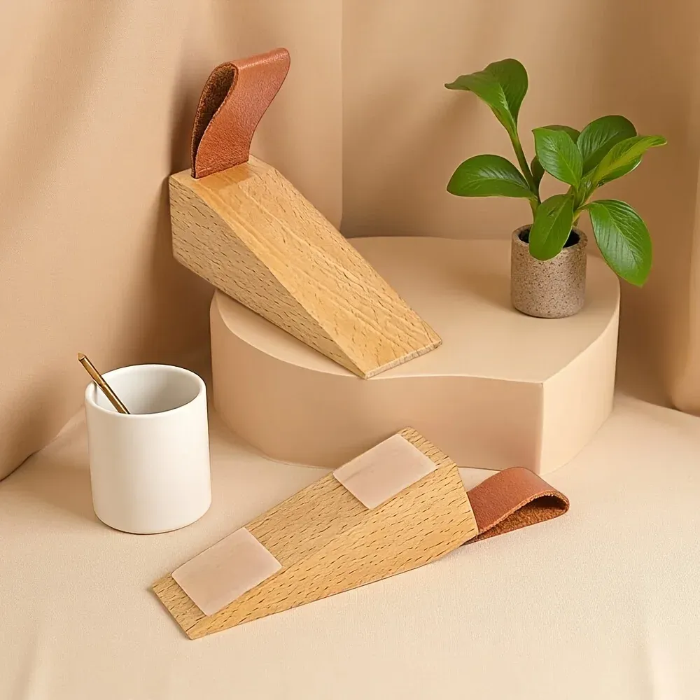 Butoir de porte décoratif en bois massif avec sangle en cuir, antidérapant 6