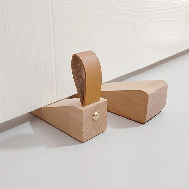 Butoir de porte en bois massif avec sangle en cuir
