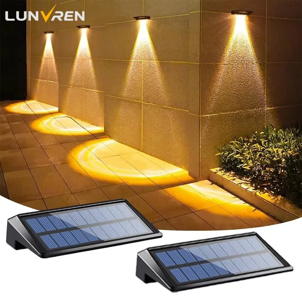 Lot de 2 appliques murales solaires à 4 LED, éclairage solaire imperméable pour extérieur, idéal pour clôture, poteau, cour et allée
