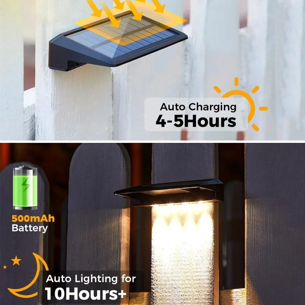 Lot de 2 appliques murales solaires à 4 LED, éclairage solaire imperméable pour extérieur, idéal pour clôture, poteau, cour et allée 5