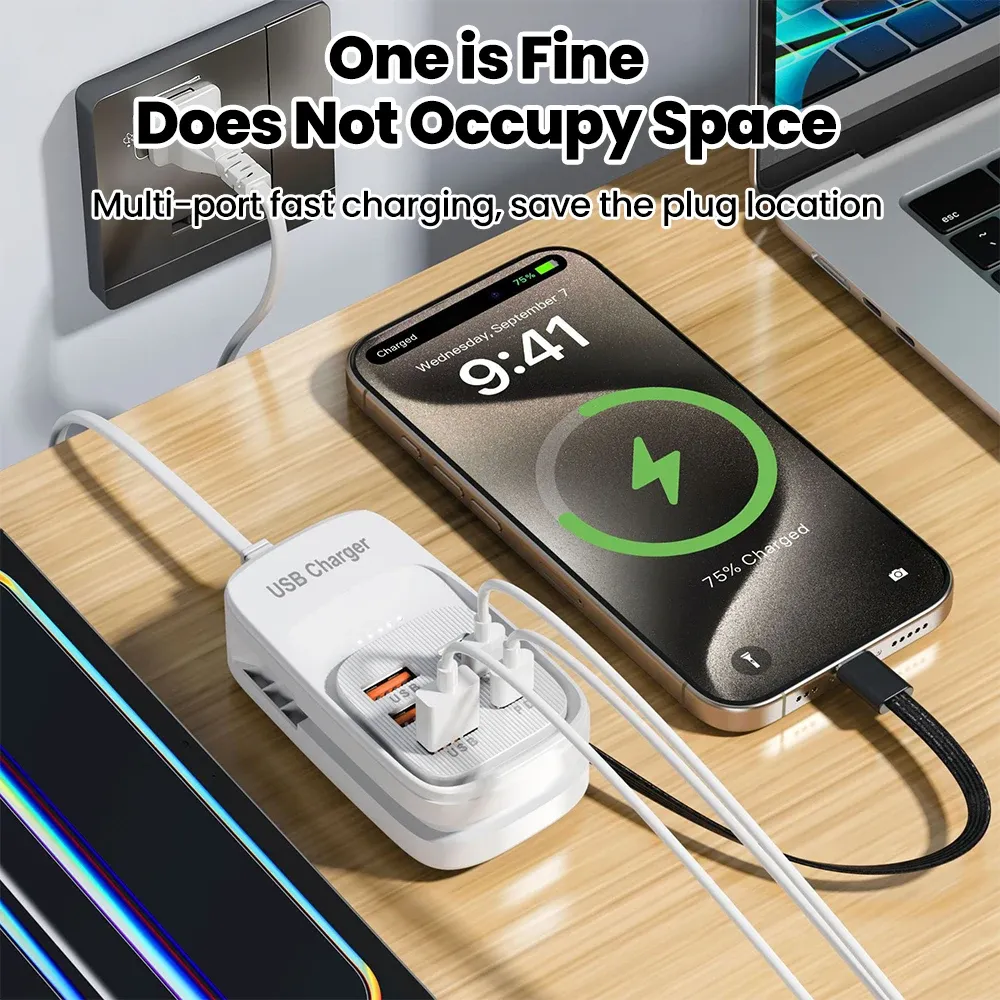 Chargeur USB rapide 6 en 1 - Station de charge de bureau avec multiprise EU/UK/US, hub USB et prise 3PD 3USB 4