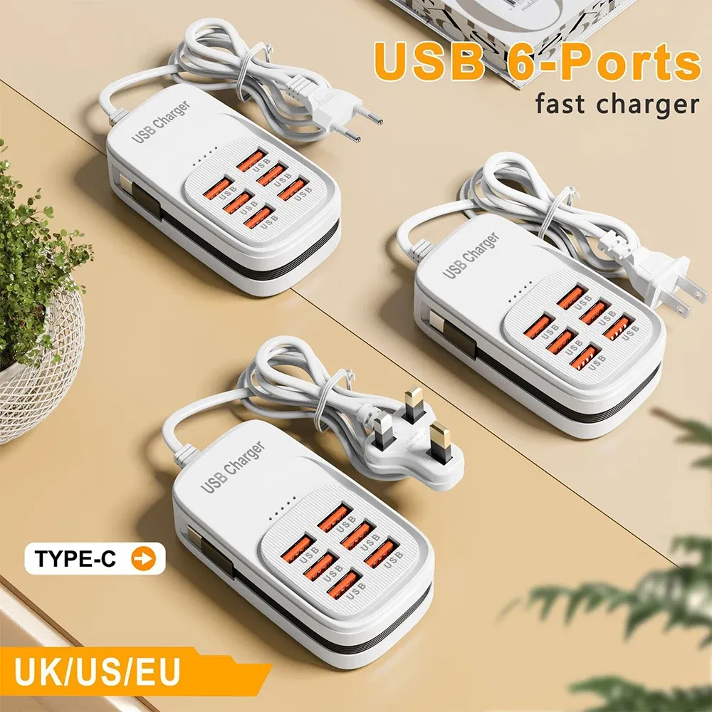 Chargeur USB rapide 6 en 1 - Station de charge de bureau avec multiprise EU/UK/US, hub USB et prise 3PD 3USB 6