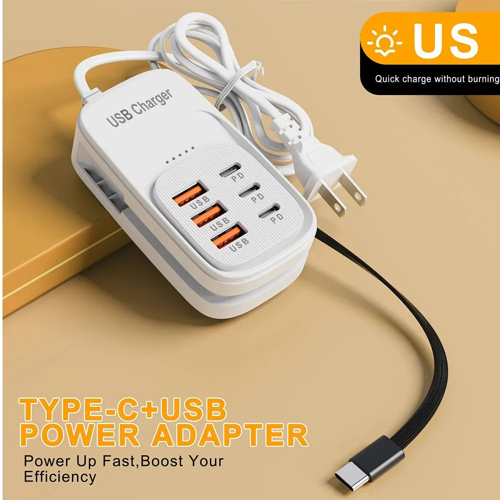 Chargeur USB rapide 6 en 1 - Station de charge de bureau avec multiprise EU/UK/US, hub USB et prise 3PD 3USB 12