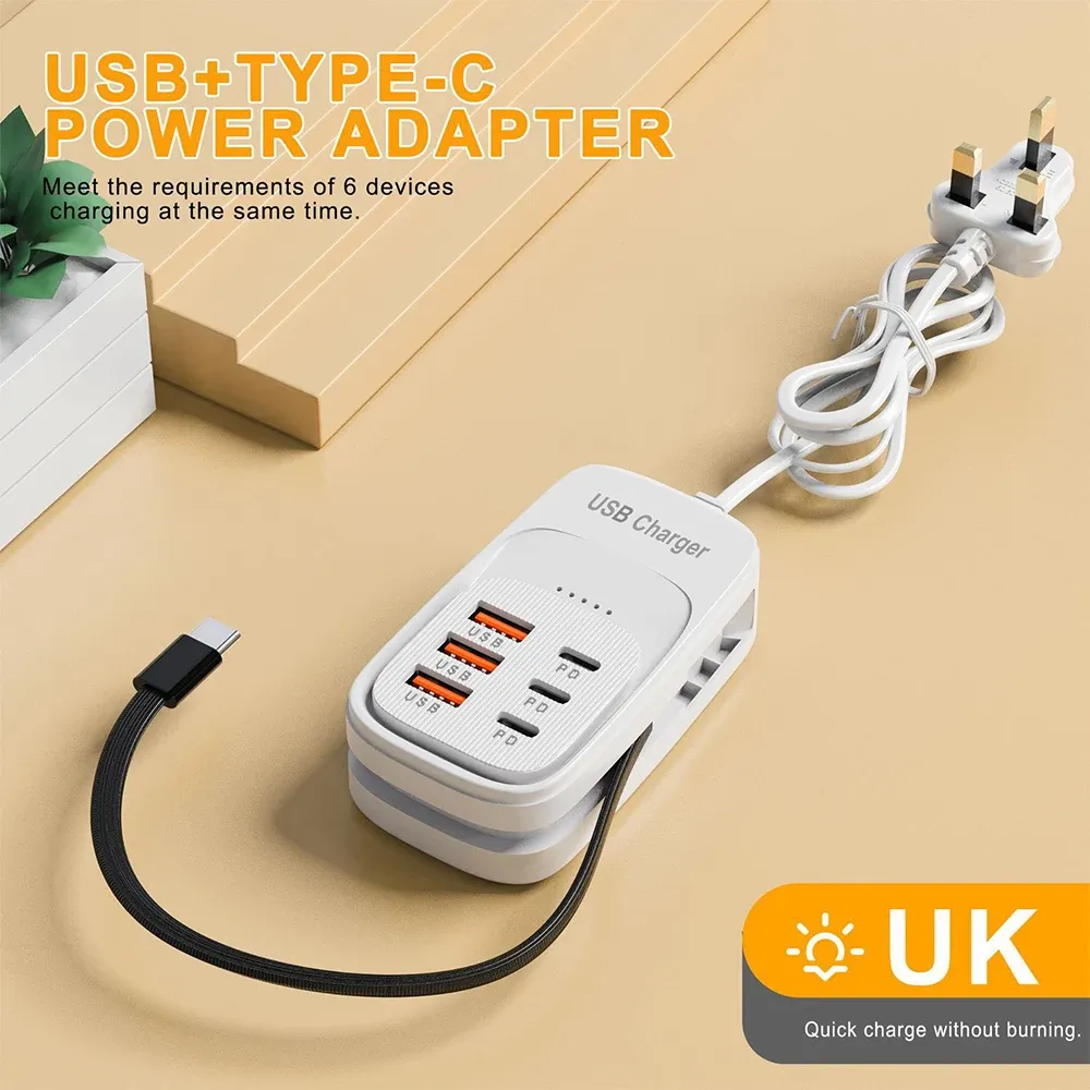 Chargeur USB rapide 6 en 1 - Station de charge de bureau avec multiprise EU/UK/US, hub USB et prise 3PD 3USB 13