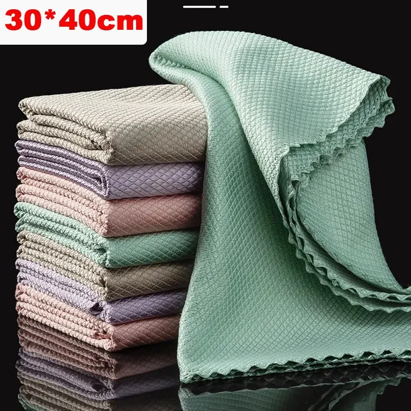 Chiffon de nettoyage en microfibre pour vitres, sans peluches, pour fenêtres, voitures, cuisines, miroirs, sans traces, réutilisable, chiffon à écailles de poisson, pour le polissage 7