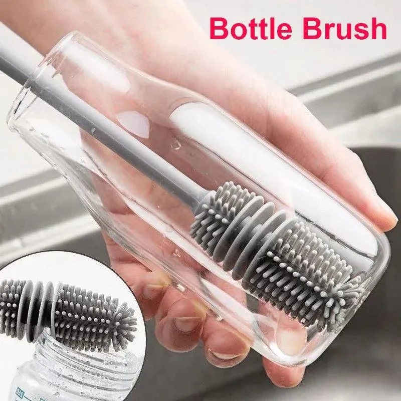 Brosse de nettoyage en silicone à long manche pour bouteilles de lait et verres