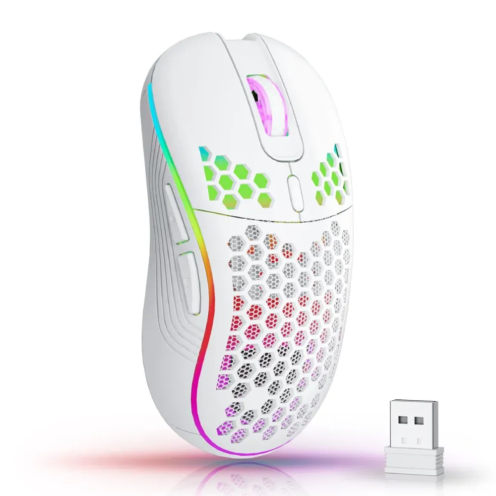 Souris de jeu sans fil 2.4 GHz à rétroéclairage RVB, 6 boutons, 3 vitesses DPI, rechargeable via USB-C, design ergonomique en nid d'abeille