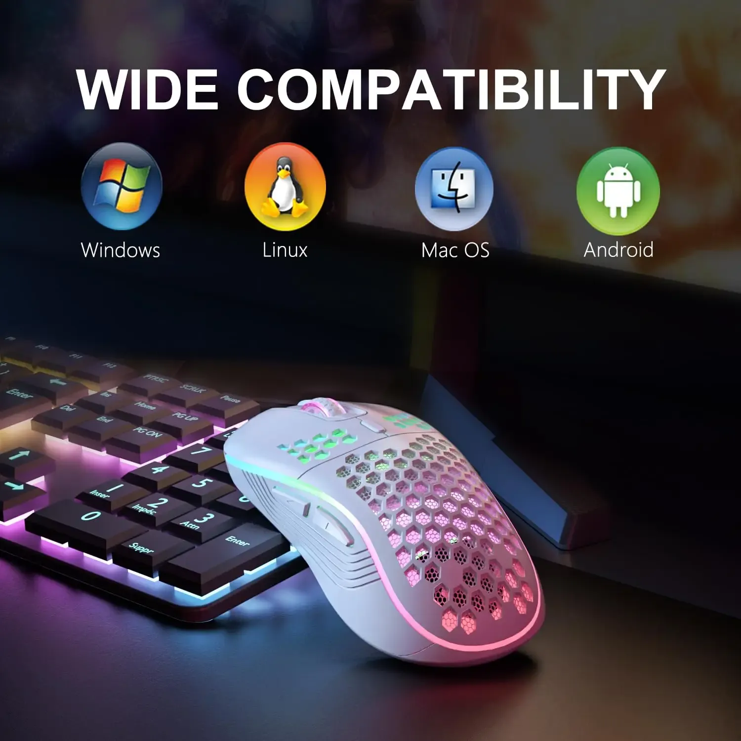 Souris de jeu sans fil 2.4 GHz à rétroéclairage RVB, 6 boutons, 3 vitesses DPI, rechargeable via USB-C, design ergonomique en nid d'abeille 3