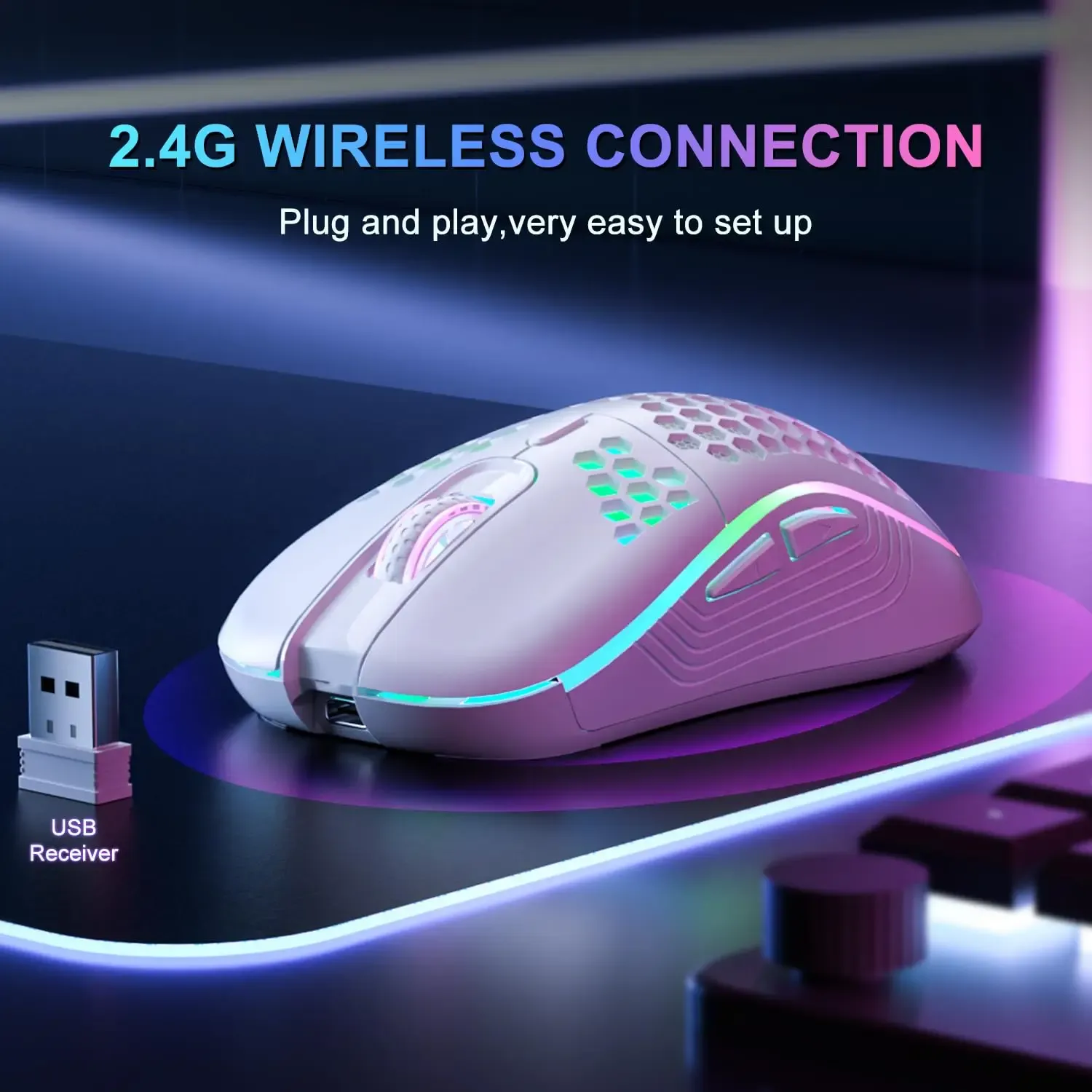 Souris de jeu sans fil 2.4 GHz à rétroéclairage RVB, 6 boutons, 3 vitesses DPI, rechargeable via USB-C, design ergonomique en nid d'abeille 4