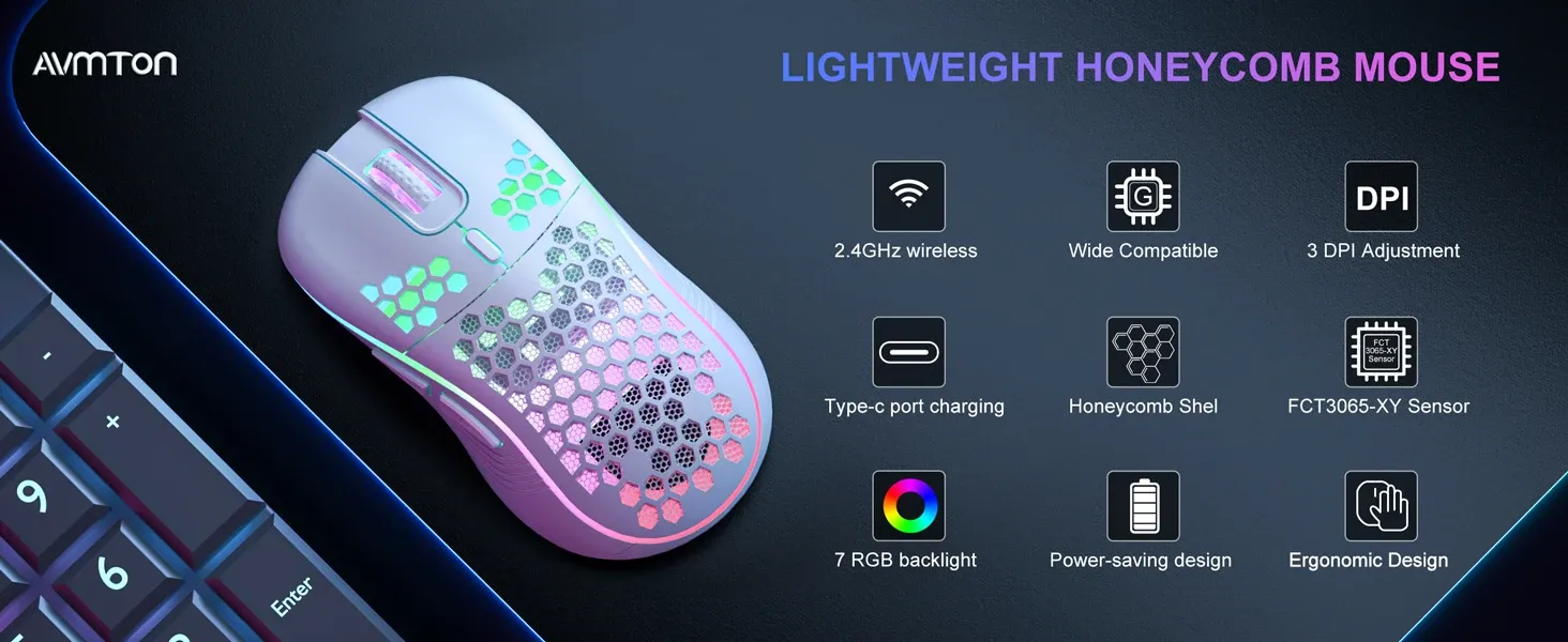 Souris de jeu sans fil RVB, boutons et finitions
