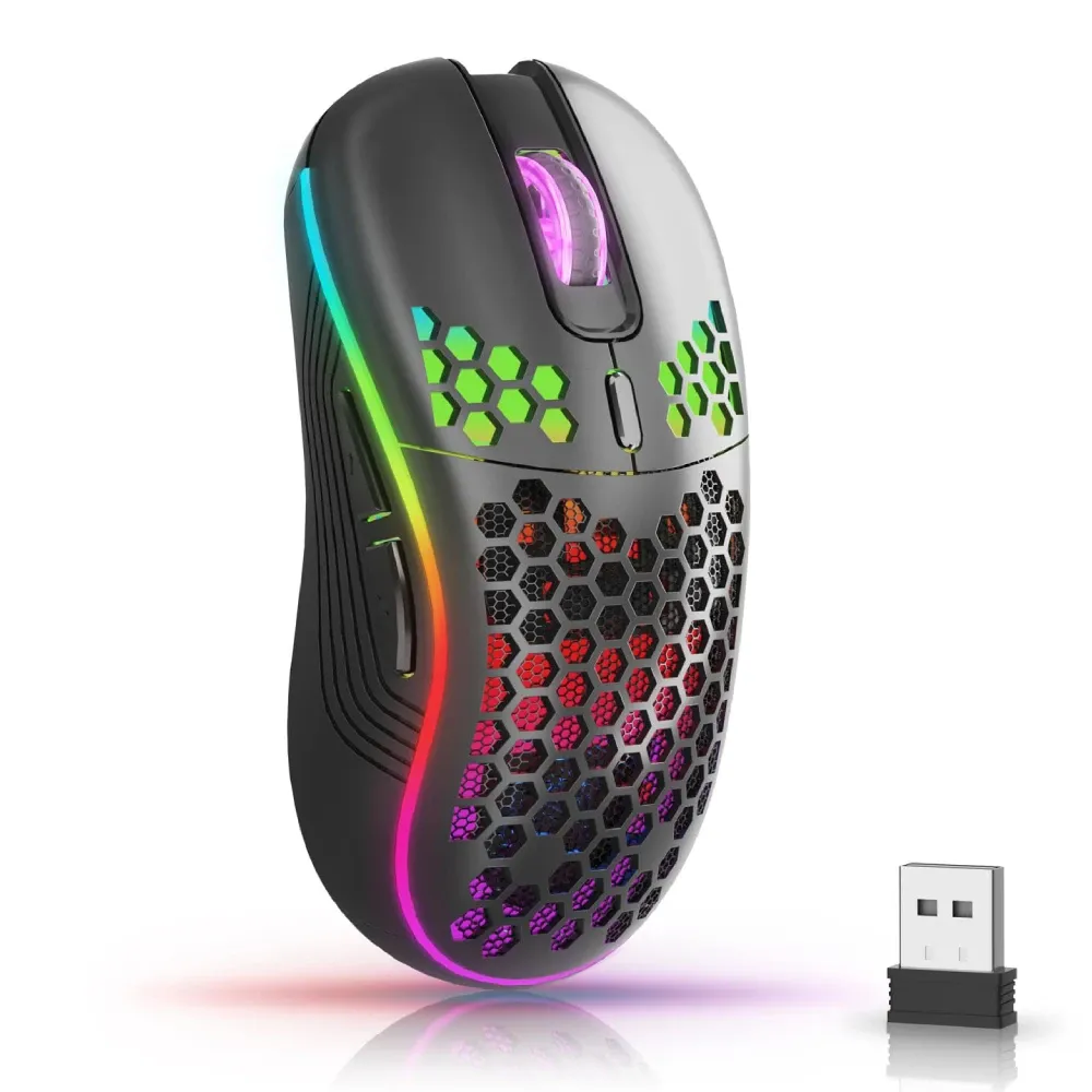 Souris de jeu sans fil 2.4 GHz à rétroéclairage RVB, 6 boutons, 3 vitesses DPI, rechargeable via USB-C, design ergonomique en nid d'abeille 7