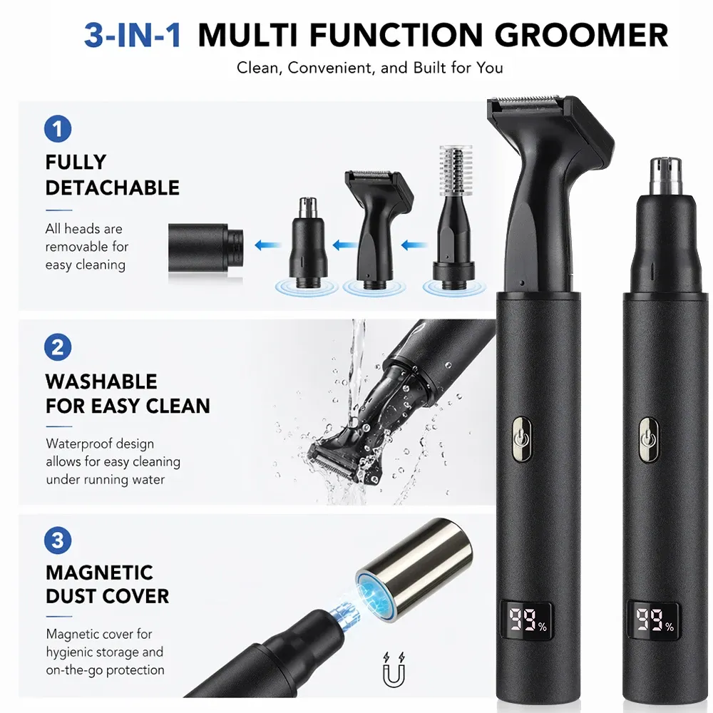 Tondeuse électrique pour poils de nez, rechargeable 3 en 1, kit de toilettage pour nez, oreilles et sourcils, rasoir indolore pour hommes et femmes 3