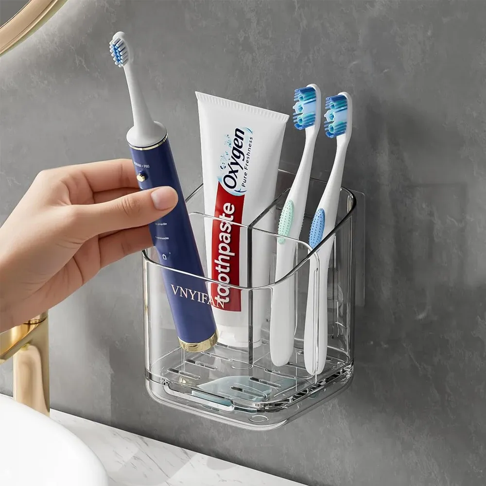 Support de rangement pour brosses à dents, grande capacité, boîte de rangement murale pour salle de bain, organisateur en plastique pour brosses à dents, dentifrice, rasoirs - Image 1