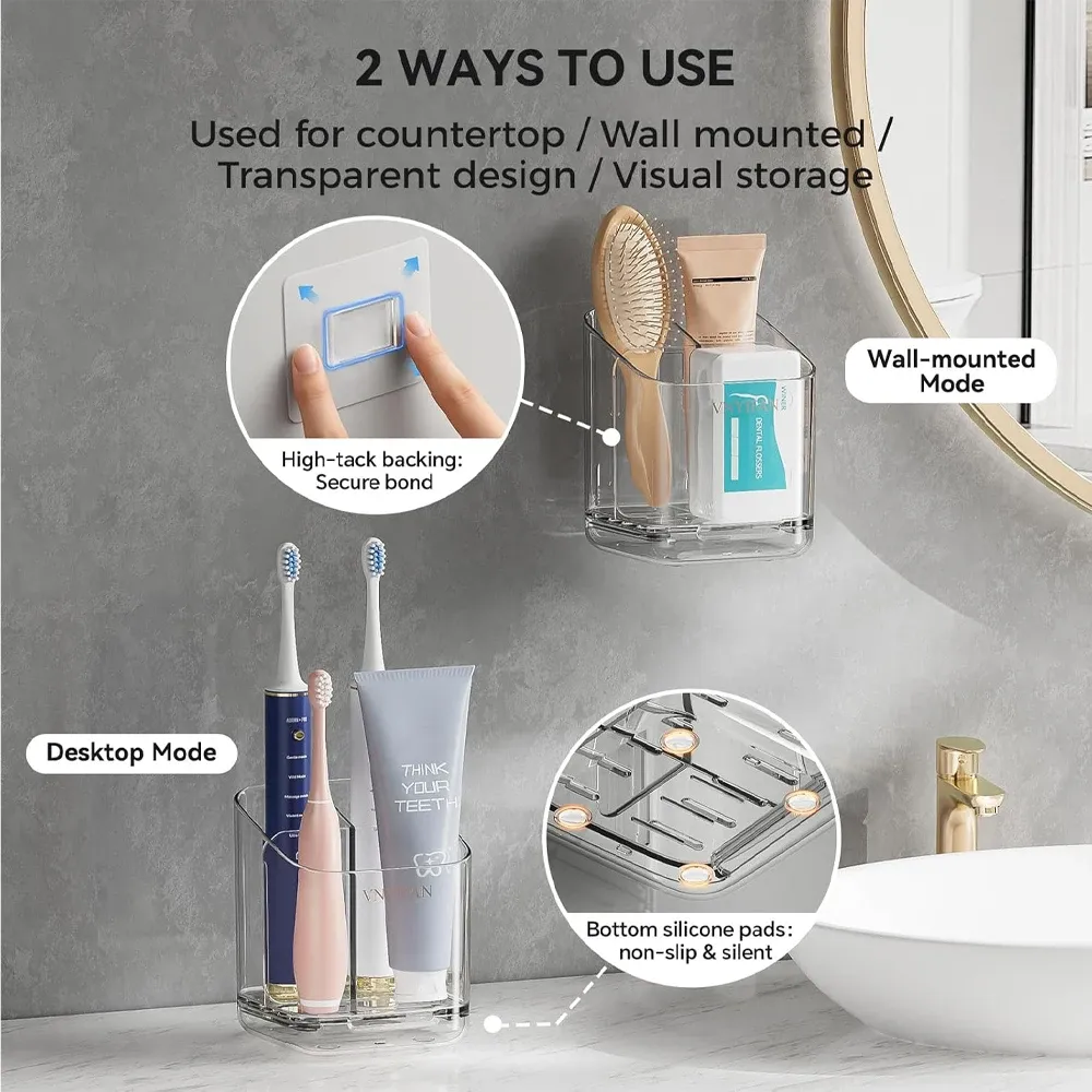 Support de rangement pour brosses à dents, grande capacité, boîte de rangement murale pour salle de bain, organisateur en plastique pour brosses à dents, dentifrice, rasoirs 2