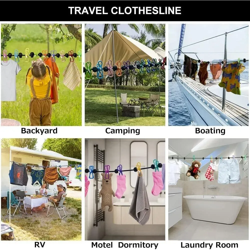 Corde à linge rétractable et portable pour voyage, avec 12 pinces et sac de rangement, pour usage intérieur et extérieur 6