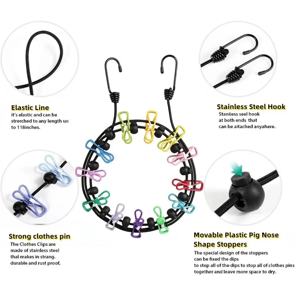 Corde à linge rétractable et portable pour voyage, avec 12 pinces et sac de rangement, pour usage intérieur et extérieur 4