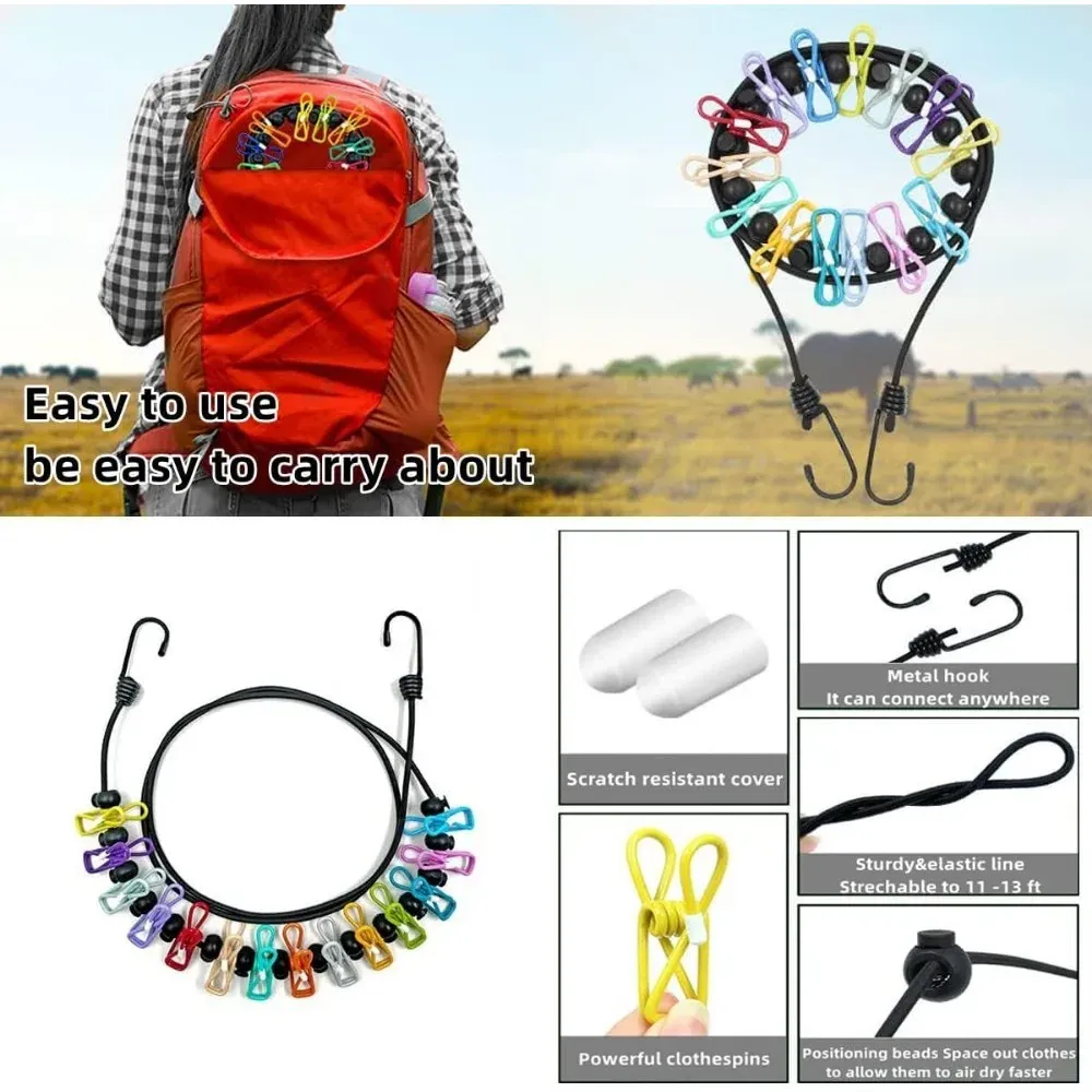 Corde à linge rétractable et portable pour voyage, avec 12 pinces et sac de rangement, pour usage intérieur et extérieur 5