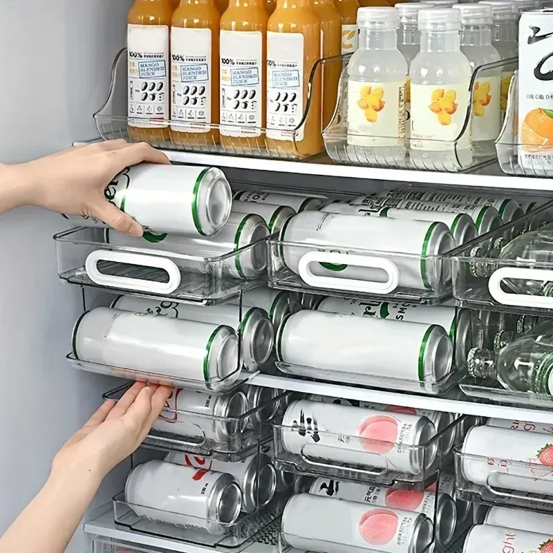 Distributeur de canettes de soda à gravité pour réfrigérateur à 2 niveaux, organisateur de boissons empilable pour réfrigérateur, bacs de rangement transparents en plastique pour réfrigérateur 3