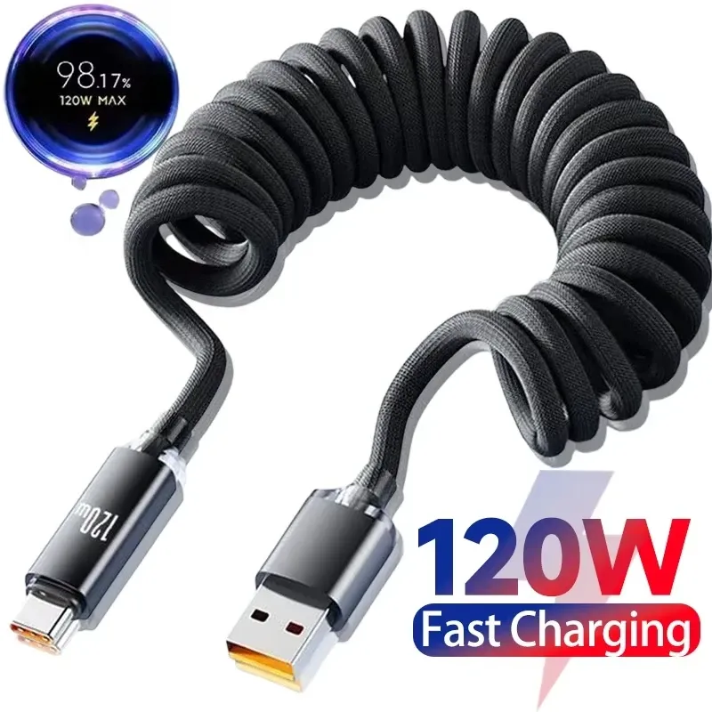 Câble USB-C vers USB-C rétractable à charge rapide 120 W, câble de données et de chargeur de voiture à ressort pour iPhone 17/16/15, Samsung, Xiaomi et téléphones Type-C