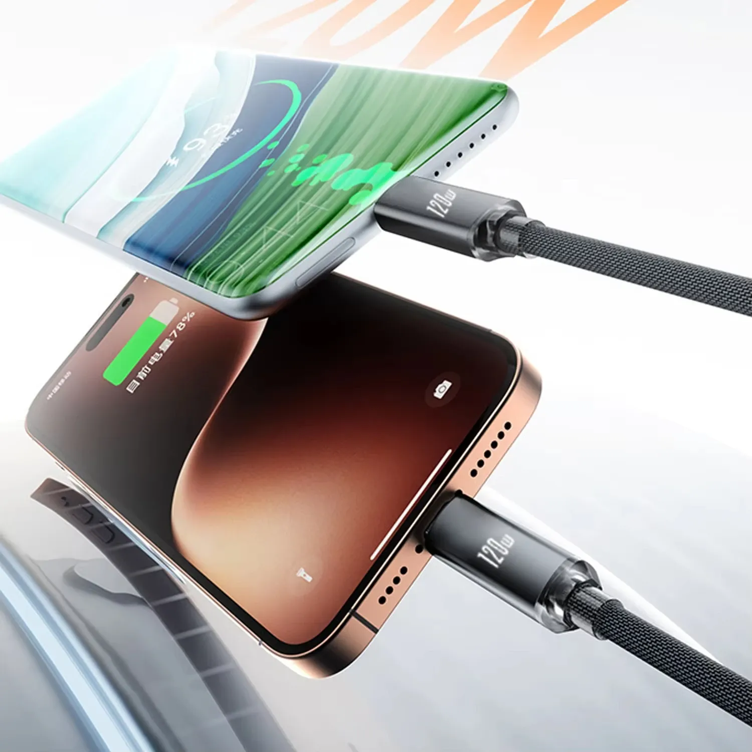 Câble USB-C vers USB-C rétractable à charge rapide 120 W, câble de données et de chargeur de voiture à ressort pour iPhone 17/16/15, Samsung, Xiaomi et téléphones Type-C 3