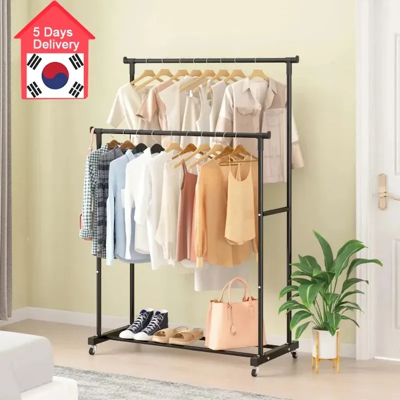 Portant double tringle avec crochets, organisateur de vêtements suspendu pour chambre à coucher, portant mobile à roulettes - Image 1