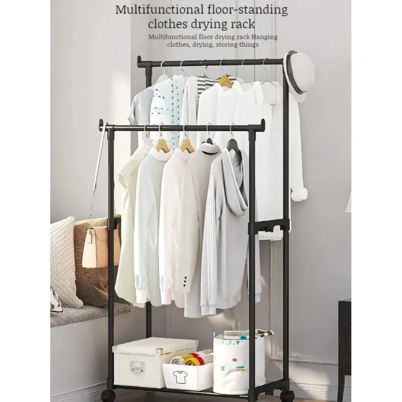 Portant double tringle avec crochets, organisateur de vêtements suspendu pour chambre à coucher, portant mobile à roulettes 3