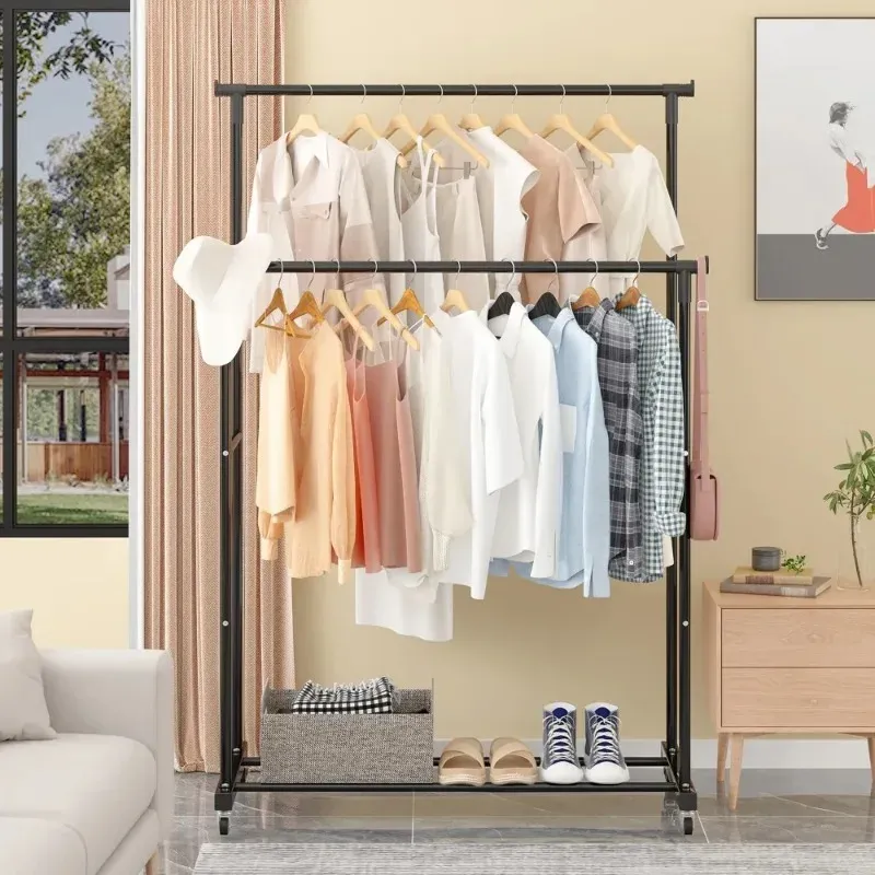 Portant double tringle avec crochets, organisateur de vêtements suspendu pour chambre à coucher, portant mobile à roulettes 4