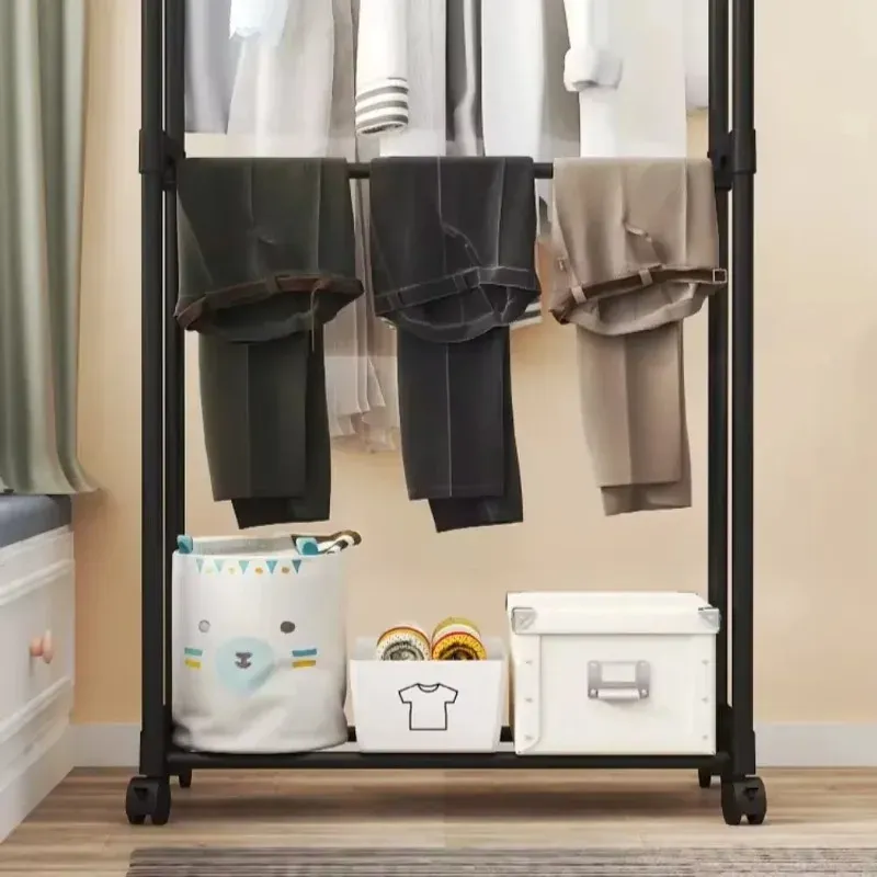 Portant double tringle avec crochets, organisateur de vêtements suspendu pour chambre à coucher, portant mobile à roulettes 5