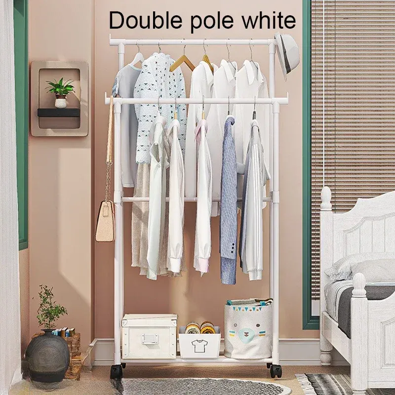 Portant double tringle avec crochets, organisateur de vêtements suspendu pour chambre à coucher, portant mobile à roulettes 7