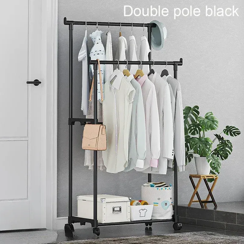 Portant double tringle avec crochets, organisateur de vêtements suspendu pour chambre à coucher, portant mobile à roulettes 8